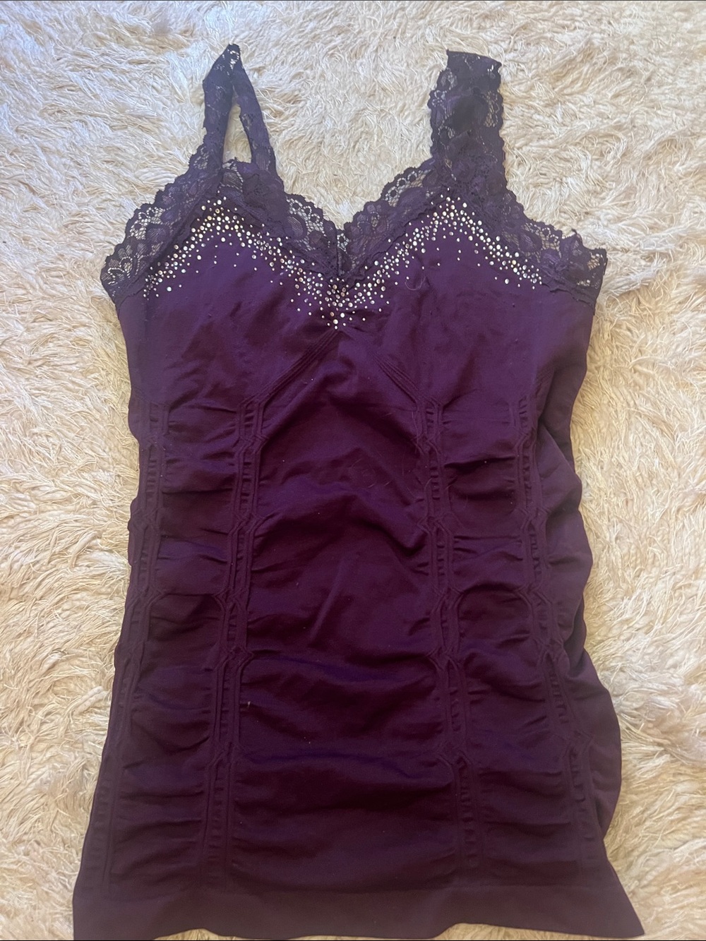 Women's Rouched Purple Lace-Trim Camisole with Rhinestone Detail